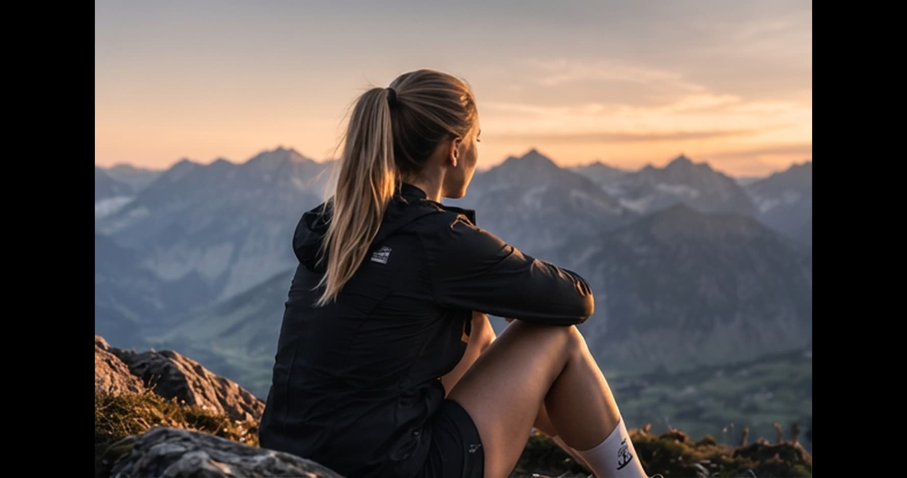 Sportlerin sitzt auf einem Bergkamm und blickt über die Alpen