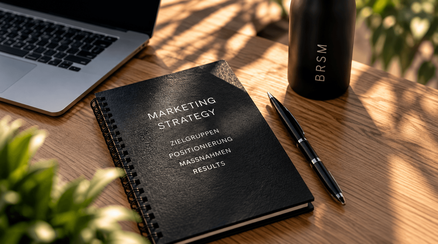 Notizbuch mit Marketingstrategie und Stift auf einem Holztisch
