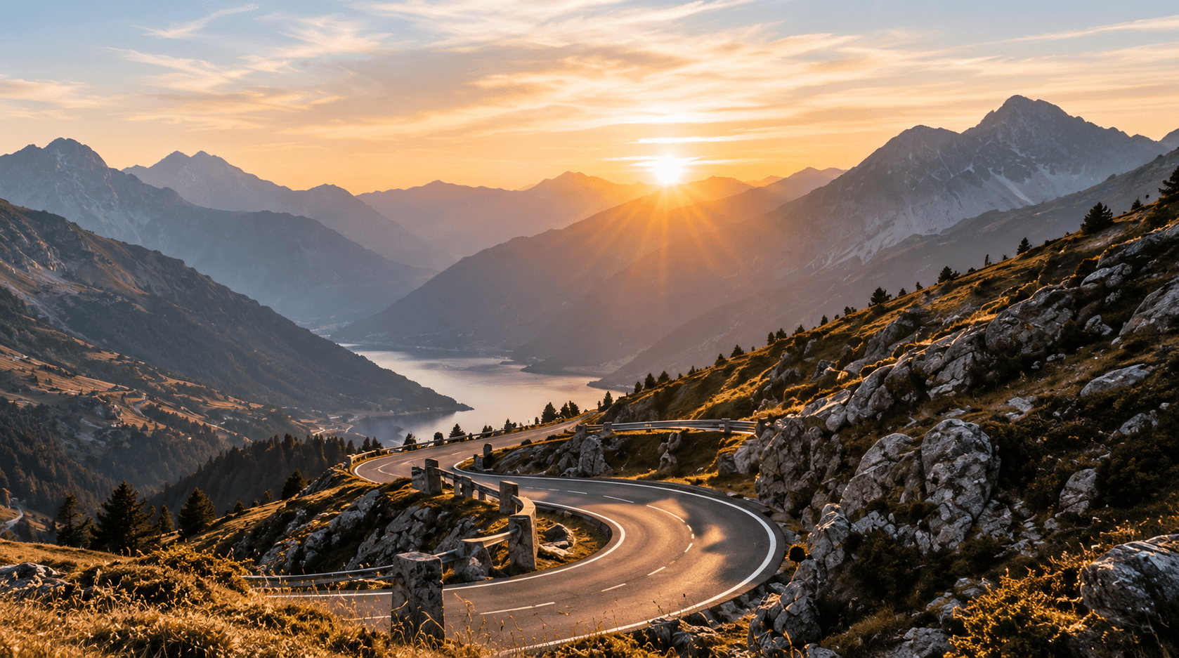 Kurvenreiche Passstrasse über einem Bergtal bei Sonnenaufgang