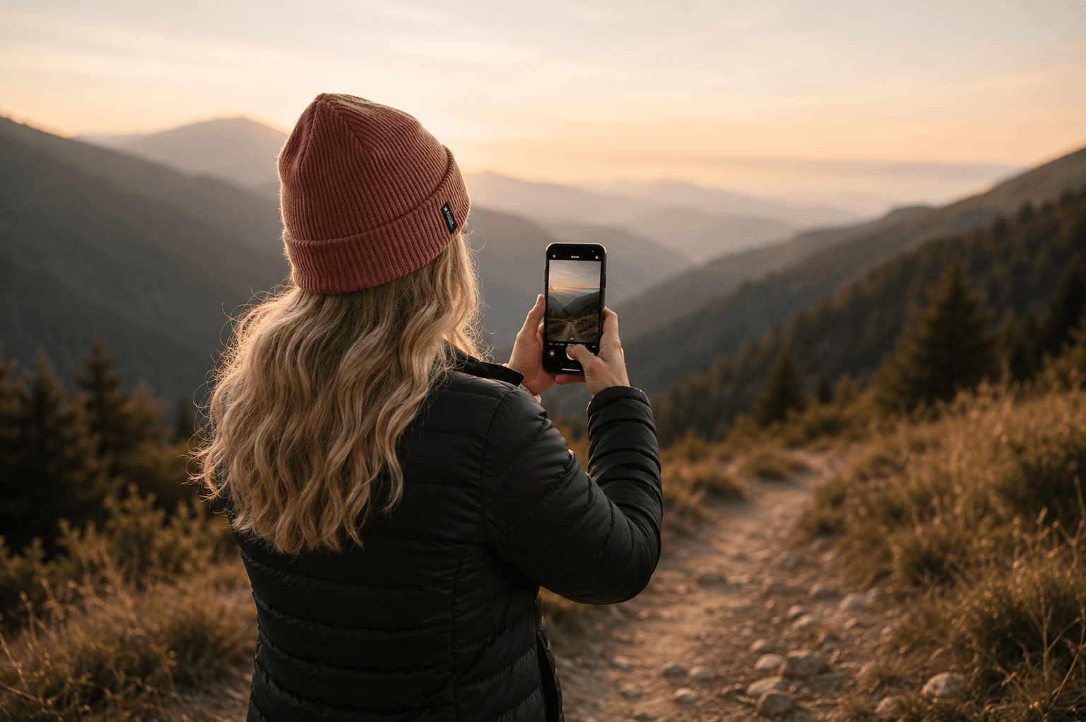 Person fotografiert eine Berglandschaft mit dem Smartphone