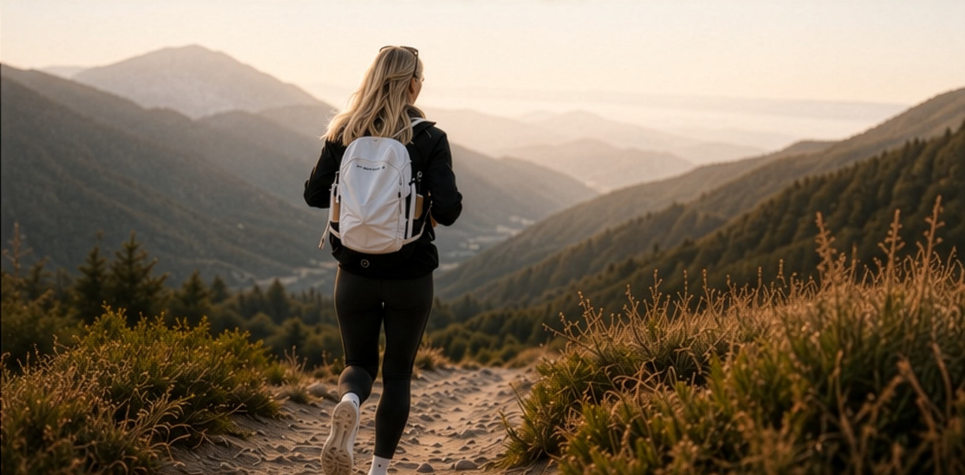 Läuferin auf einem Bergpfad bei Sonnenaufgang